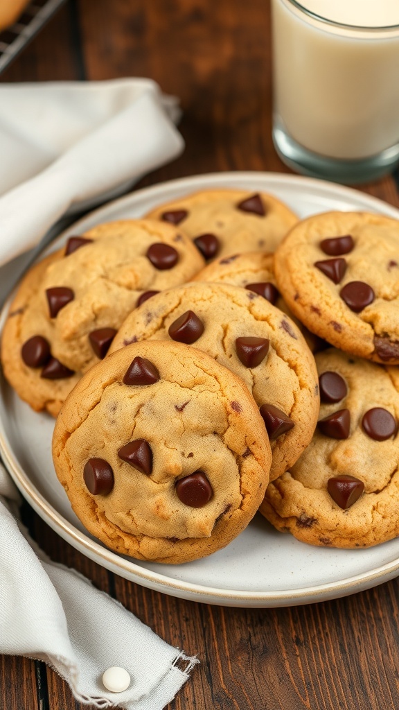 A plate of warm chocolate chip cookies with melted chocolate chips, served with a glass of milk.